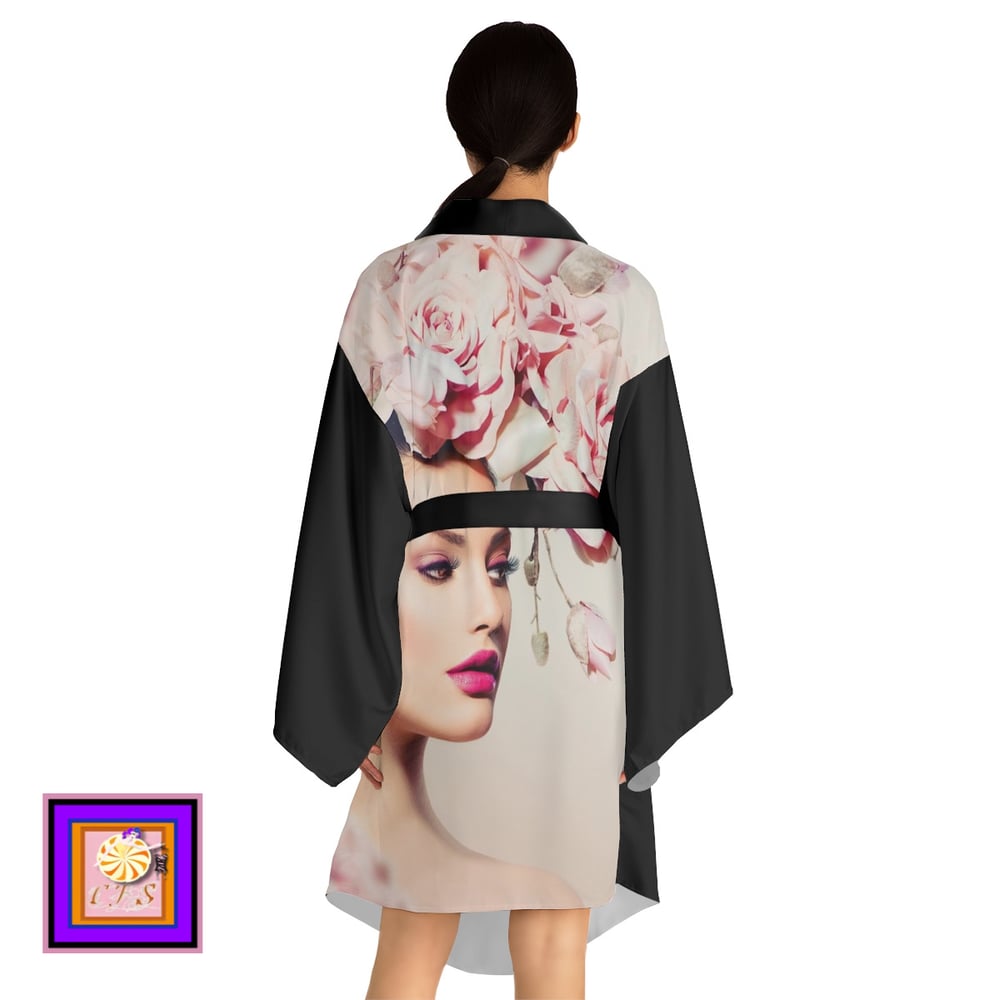Image of Long Sleeve Kimono Robe-Black Rose