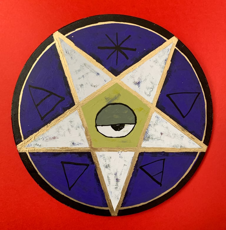 pentacle black/gold/purple/green on wood disk