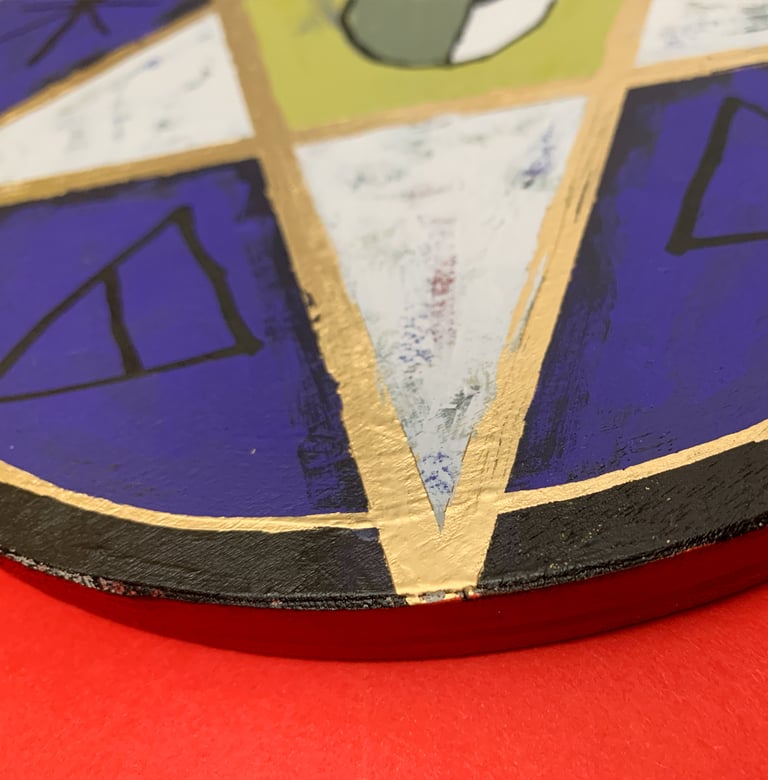 pentacle black/gold/purple/green on wood disk Image 2