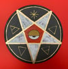 pentacle charcoal/gold/fire on wood disk