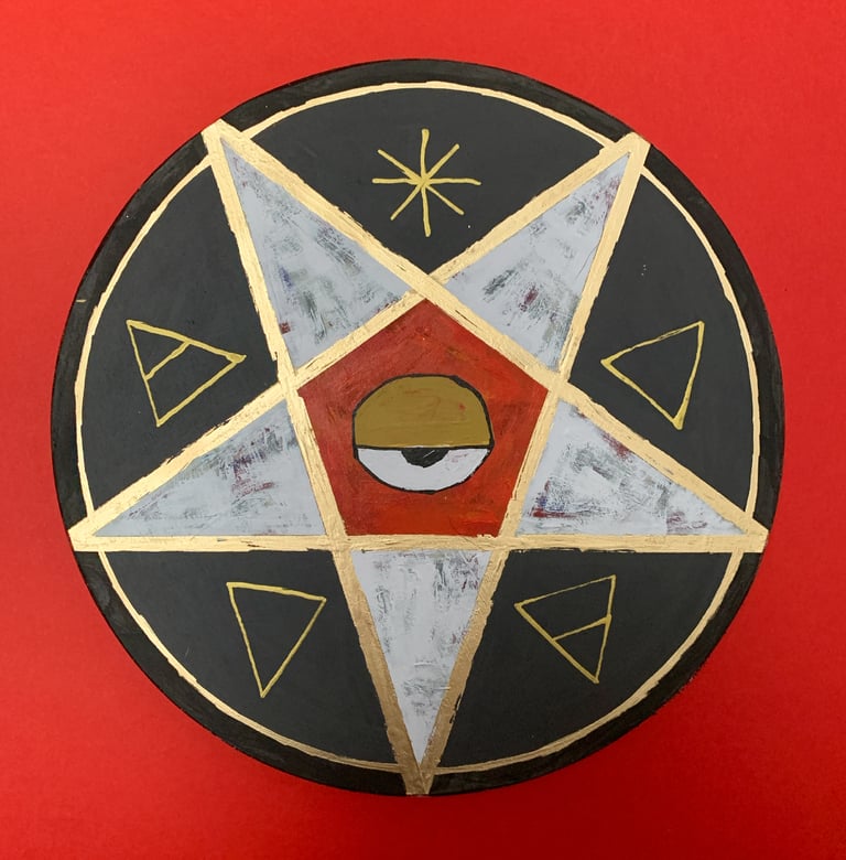pentacle charcoal/gold/fire on wood disk