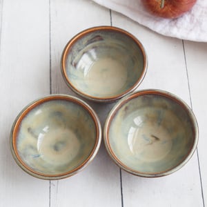 Image of Set of Three Sage Green and Brown Small Ceramic Prep Bowls, Stoneware Pottery, Made in USA