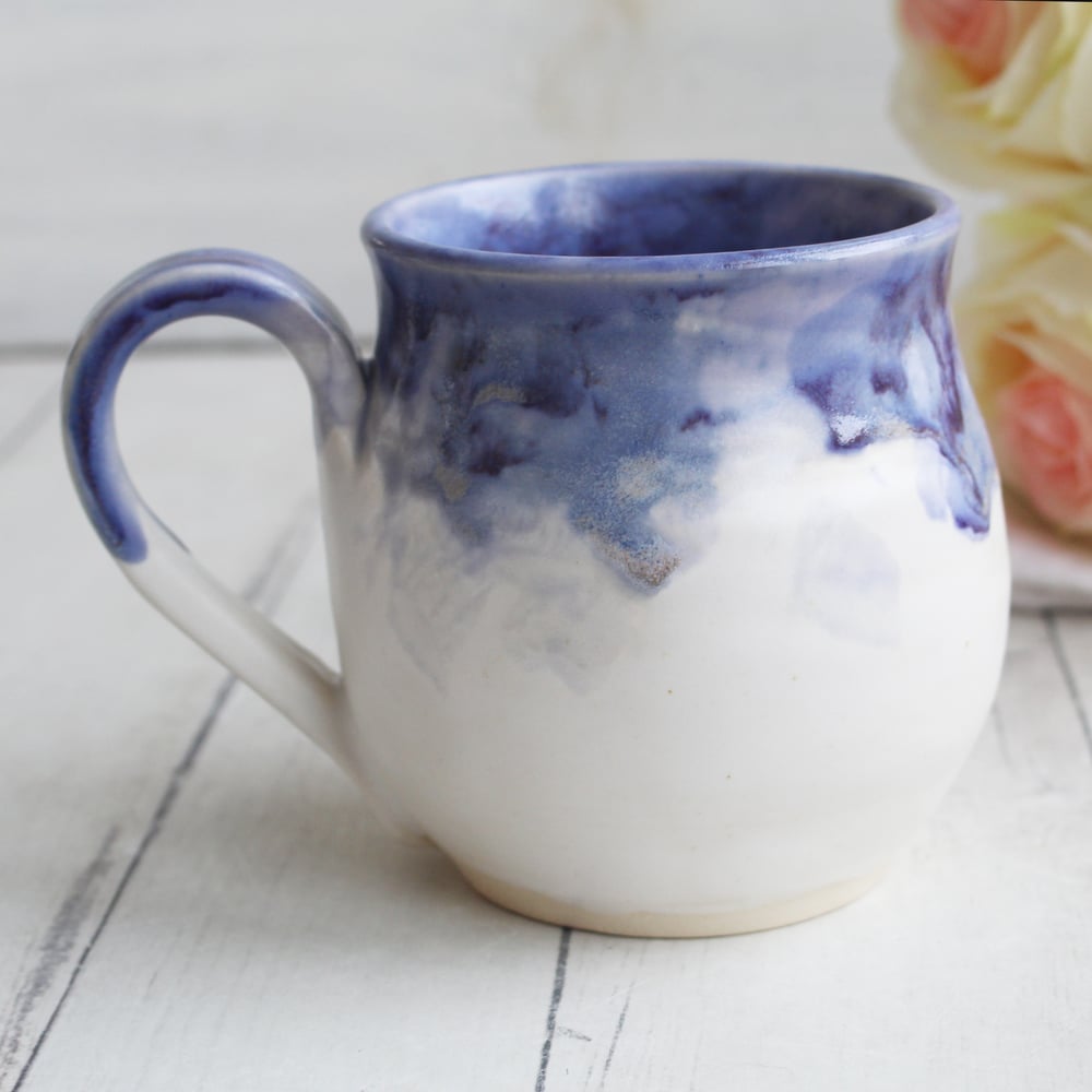 Image of Purple and White Pottery Mug with Dripping Artful Glaze, 13 Ounce Ceramic Mug, Made in USA