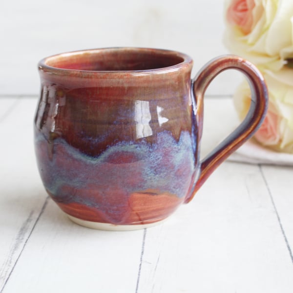 Image of Earthy Plum and Pink  and Blue Pottery Mug in Muted Glazes, 16 oz. Coffee Cup, Made in USA