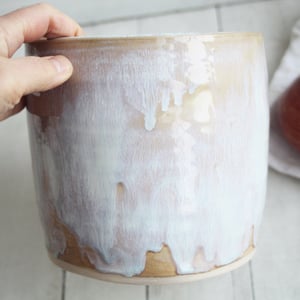 Image of Rustic Utensil Holder in White and Ocher Glaze, Handcrafted Stoneware Ceramic Crock