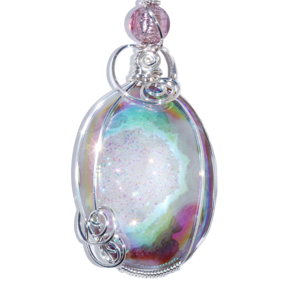 Large Aura Drusy Pendant with Venetian Glass Bead