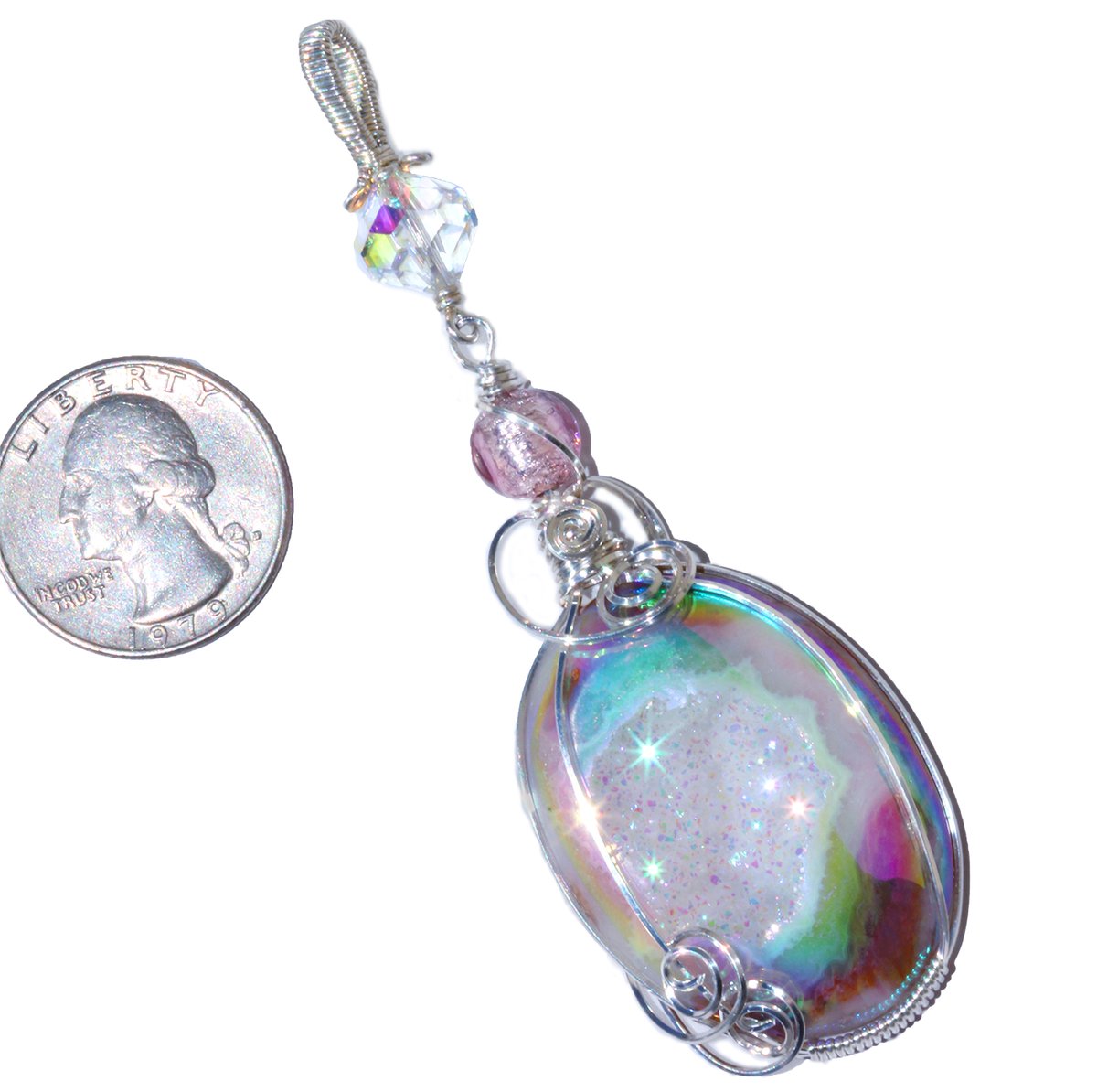 Large Aura Drusy Pendant with Venetian Glass Bead