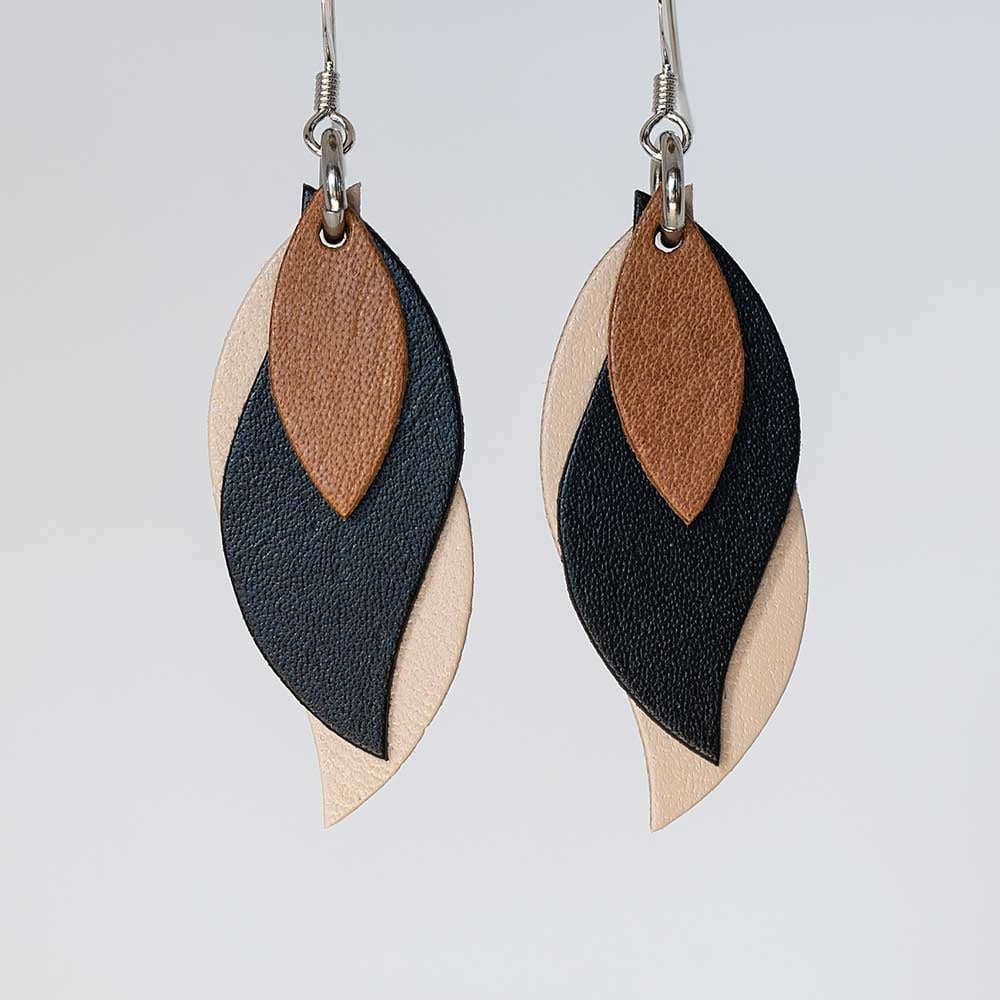 Image of Handmade Australian leather leaf earrings - brown, black, beige [LBB-021]