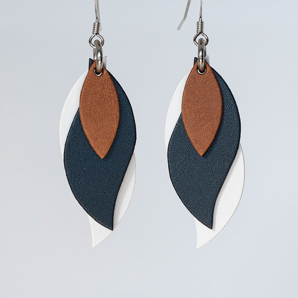 Image of Handmade Australian leather leaf earrings - Brown, dark navy and white [LNY-150]