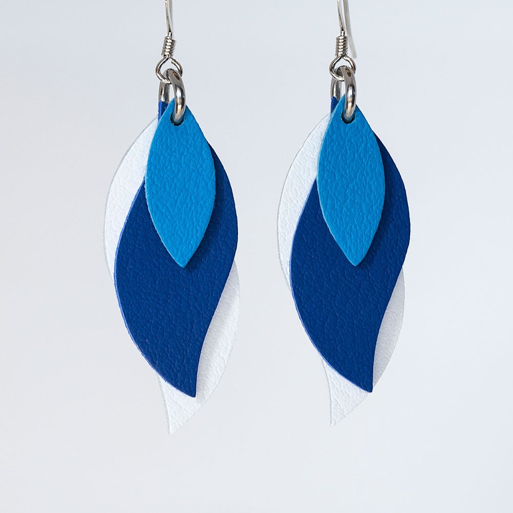 Image of Handmade Australian leather leaf earrings - Blue, cobalt blue, white [LBL-163]