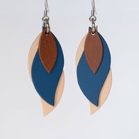 Image 1 of Handmade Australian leather leaf earrings - Brown, indigo blue, natural [LBI-155]