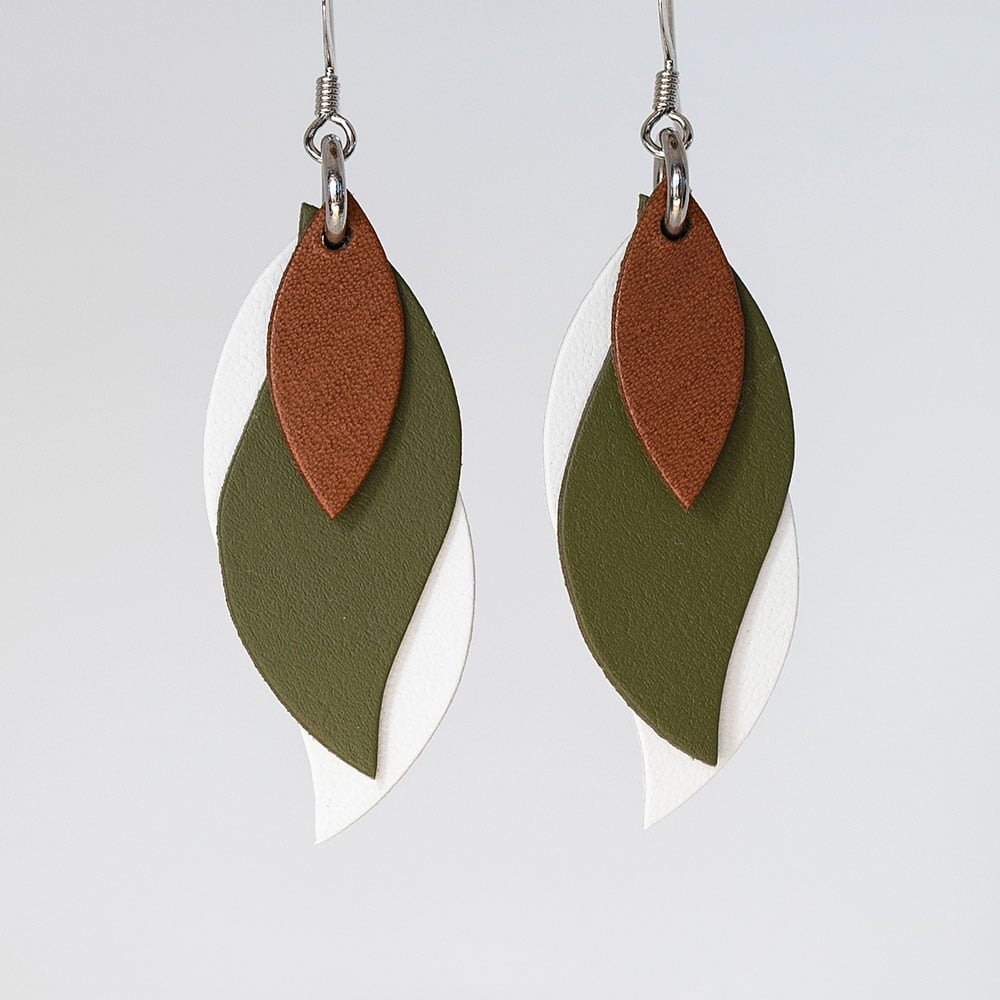 Image of Handmade Australian leather leaf earrings - Brown, olive, white [LOB-020]