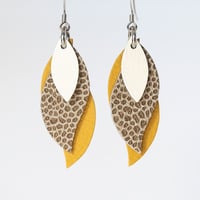 Image 1 of Handmade Australian leather leaf earrings - Cream, animal print, ochre yellow [LAY-315]