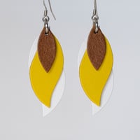 Image 1 of Handmade Australian leather leaf earrings - Brown, yellow, white [LBY-223]