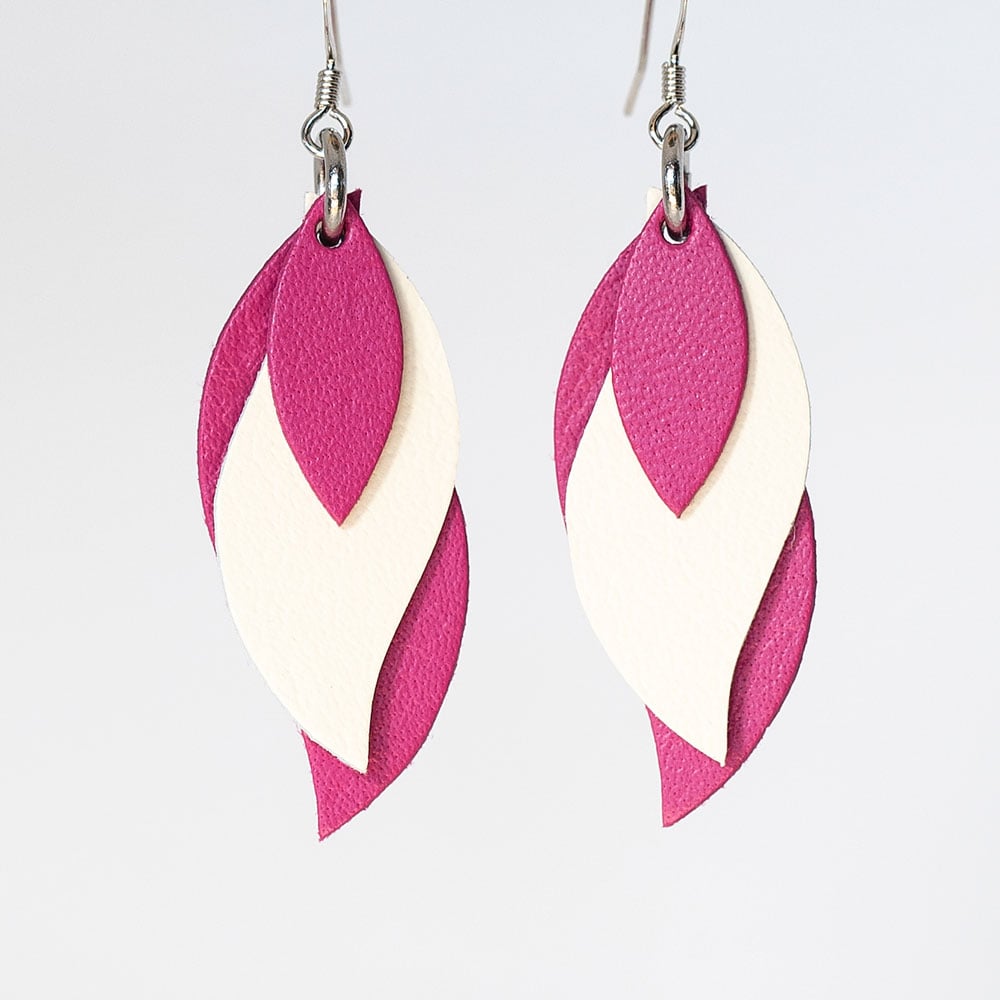 Image of Handmade Australian leather leaf earrings - Deep fuchsia pink and cream [LPC-376]