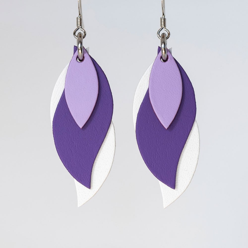 Image of Handmade Australian leather leaf earrings - Lilac, purple, white [LPP-147]