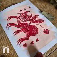 Image 2 of Bite Me Devil A5 single colour lino print
