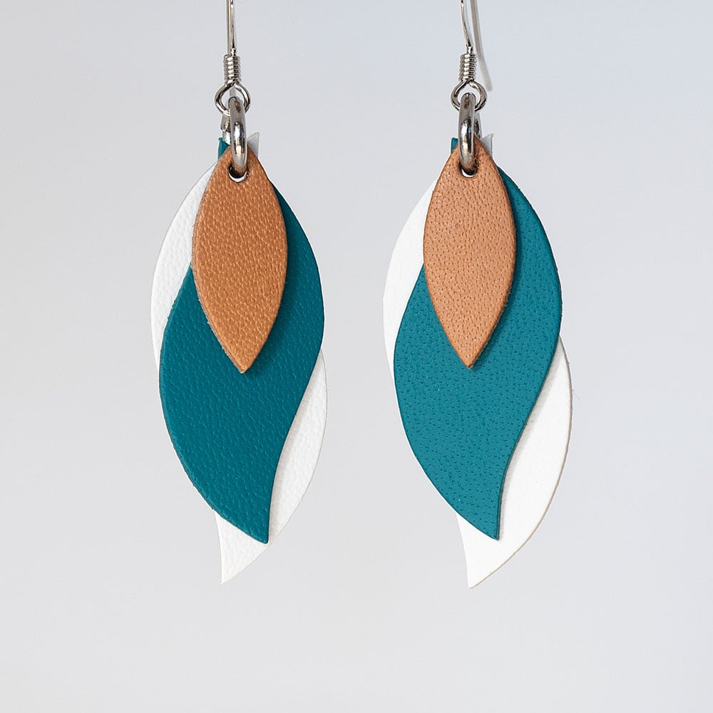 Image of Handmade Australian leather leaf earrings - Tan, teal green, white [LGR-130]