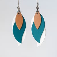 Image 1 of Handmade Australian leather leaf earrings - Tan, teal green, white [LGR-130]