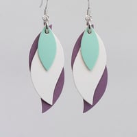 Image 1 of Handmade Australian leather leaf earrings - Mint green, white, purple [LMP-523]