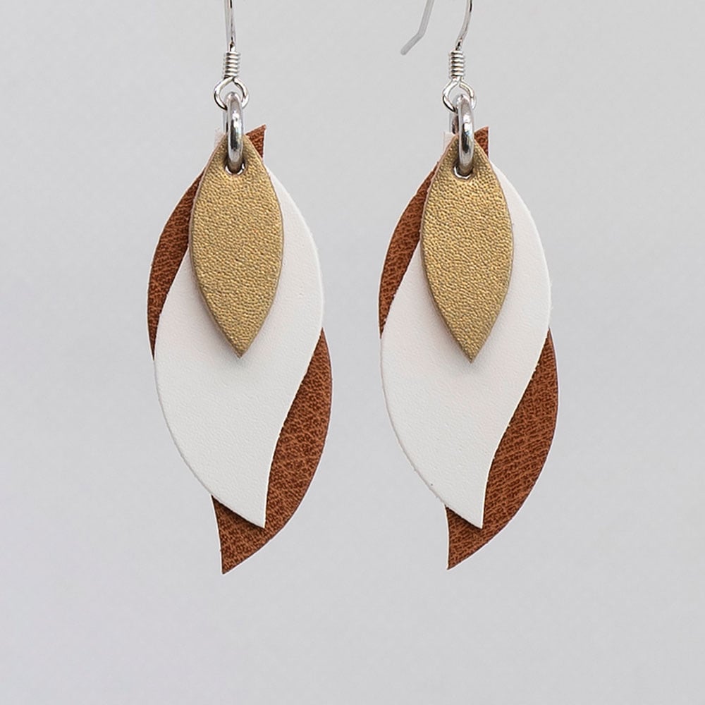 Image of Handmade Australian leather leaf earrings - Matte gold, white, brown [LMG-181]