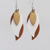 Image 1 of Handmade Australian leather leaf earrings - Matte gold, white, brown [LMG-181]