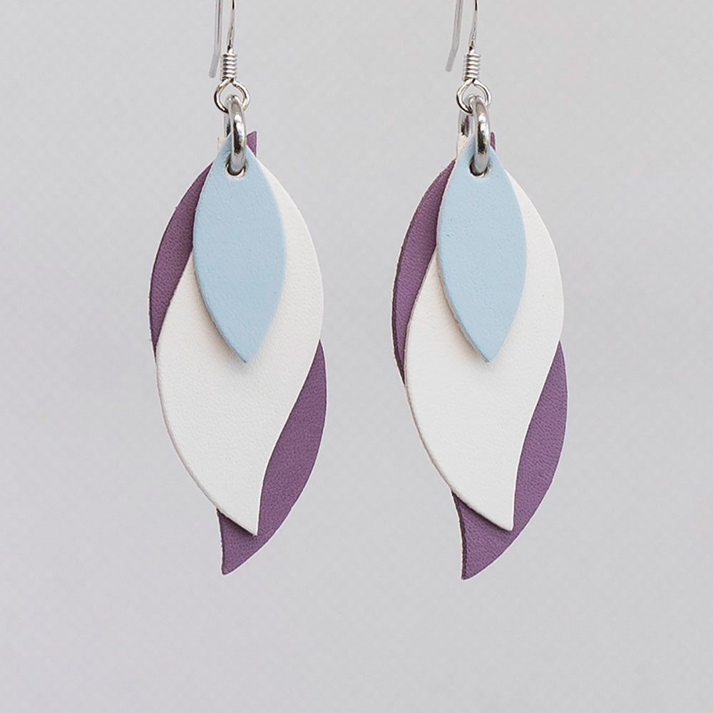 Image of Handmade Australian leather leaf earrings - Powder blue, white, purple