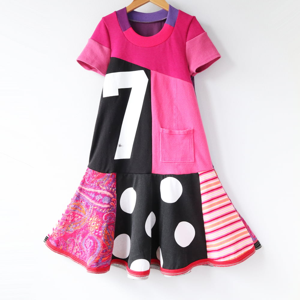 Image of pocket pink 7 seven 7th 7/8 seventh birthday bday short sleeve twirl courtneycourtney dress gift