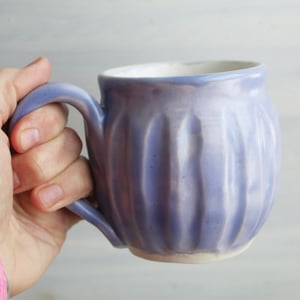 Image of Hand Carved Purple and White Stoneware Mug, Unique Pottery Mug, Made in USA