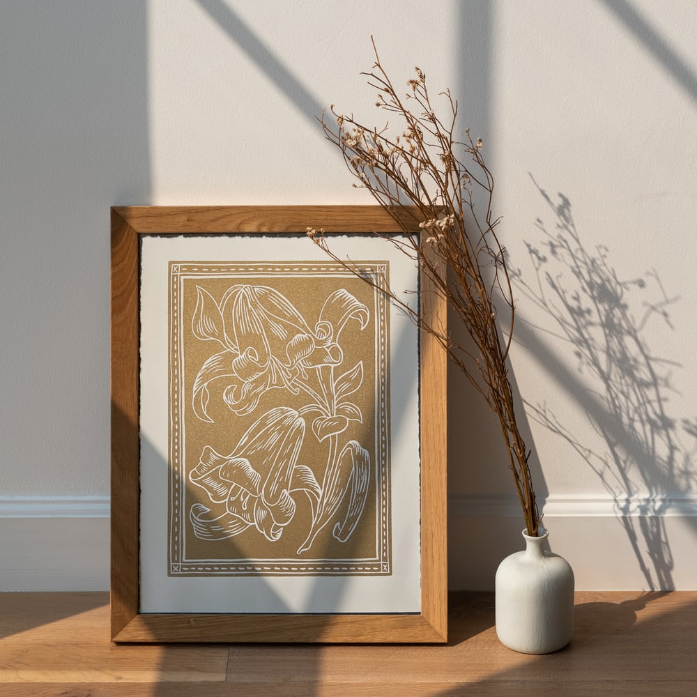 Lilies Lino Print Gold White