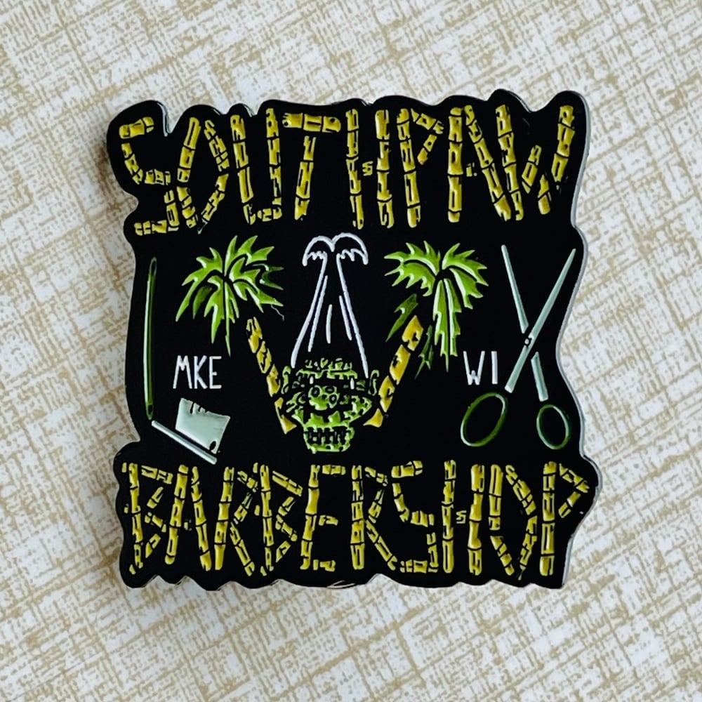 SOUTHPAW BARBERSHOP Shrunken Head Logo 1.75" Soft Enamel Pin