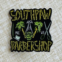 Image 3 of SOUTHPAW BARBERSHOP Shrunken Head Logo 1.75" Soft Enamel Pin