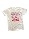 white tee with red and pink print