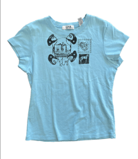 blue tee with black print