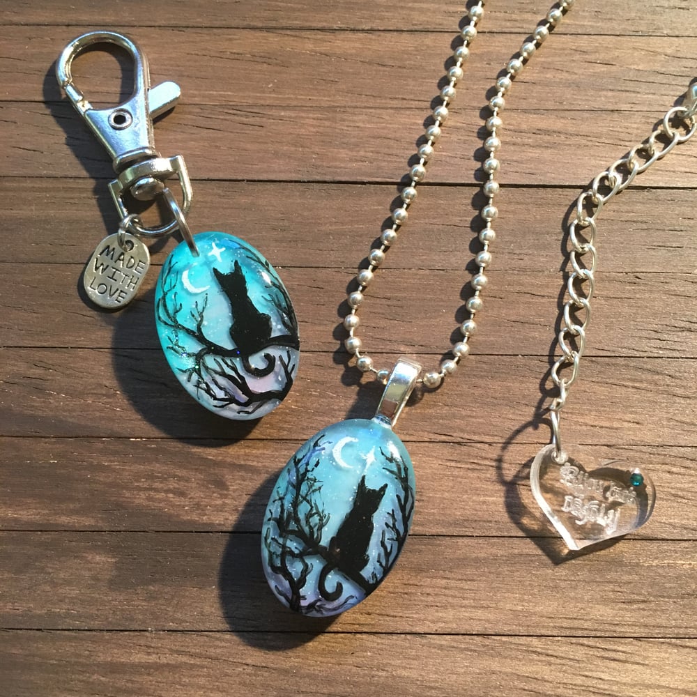 Starry Night Cat Oval Resin Keyring/Bagcharm