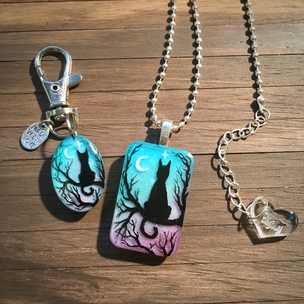 Starry Night Cat Oval Resin Keyring/Bagcharm