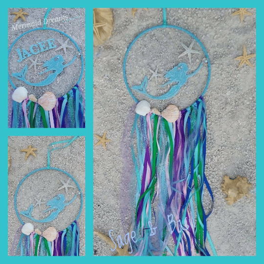 Image of Personalized Mermaid dreamcatcher, Teal Mermaid, nautical decor, beach theme, dream catcher