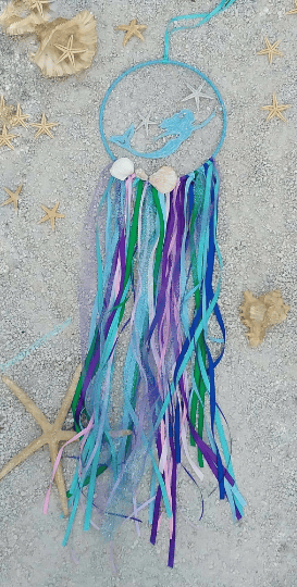 Image of Personalized Mermaid dreamcatcher, Teal Mermaid, nautical decor, beach theme, dream catcher