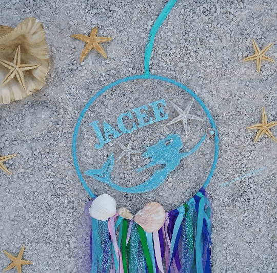Image of Personalized Mermaid dreamcatcher, Teal Mermaid, nautical decor, beach theme, dream catcher