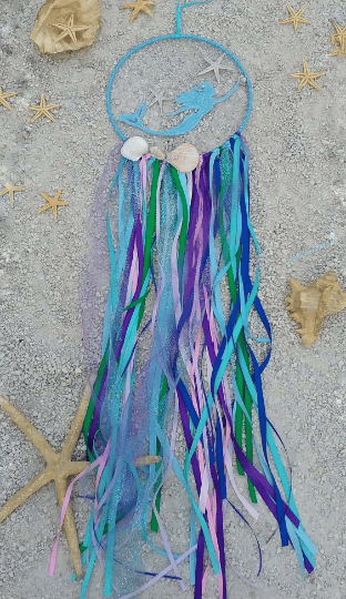 Image of Personalized Mermaid dreamcatcher, Teal Mermaid, nautical decor, beach theme, dream catcher
