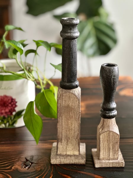Image of Pair of Wooden black and wood tones candlestands 