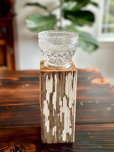 Image of Distressed wood block candleholder with glass bowl top 