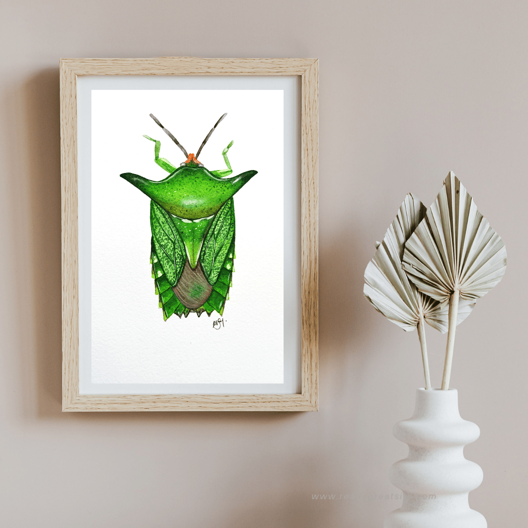 Image of Green Giant Shield bug Watercolor Illustration PRINT 