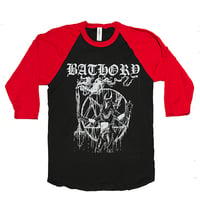 Bathory " Satan My Master "  Lp Baseball Tee in Black (body)/  Red (sleeves)