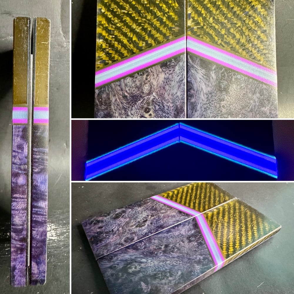 Image of @Kaoticartworks 3-D Resin & Amboyna Burl GLOW Segmented Knife Scales