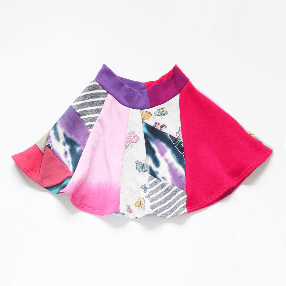 Image of pink hearts palm butterflies patchwork 6 courtneycourtney twirly twirl spinning sweatshirt skirt