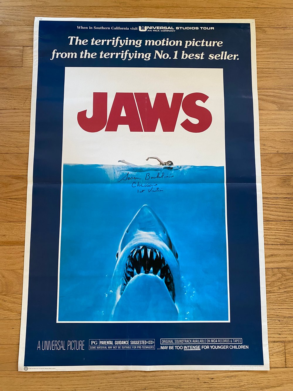 1975 JAWS Original commercial Movie Poster Autographed by Susan Backlinie