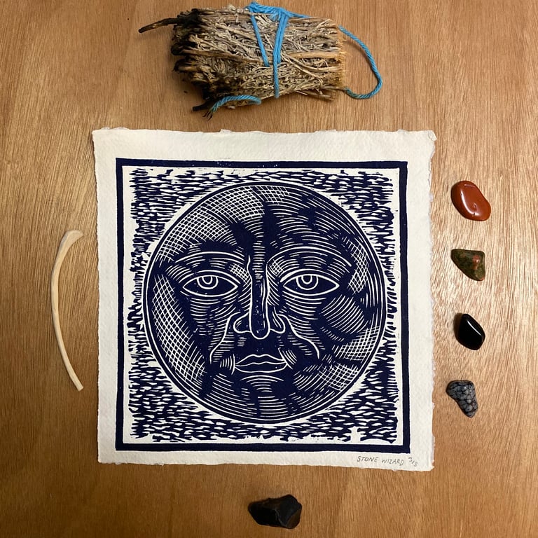 Moon Lino Print - Handmade Paper Edition