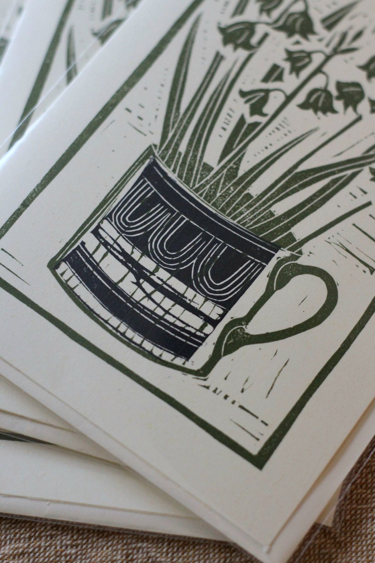 Image of 5x7 inch bluebells in a cup linocut card