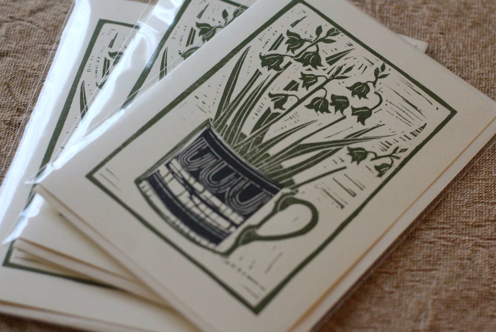 Image of 5x7 inch bluebells in a cup linocut card
